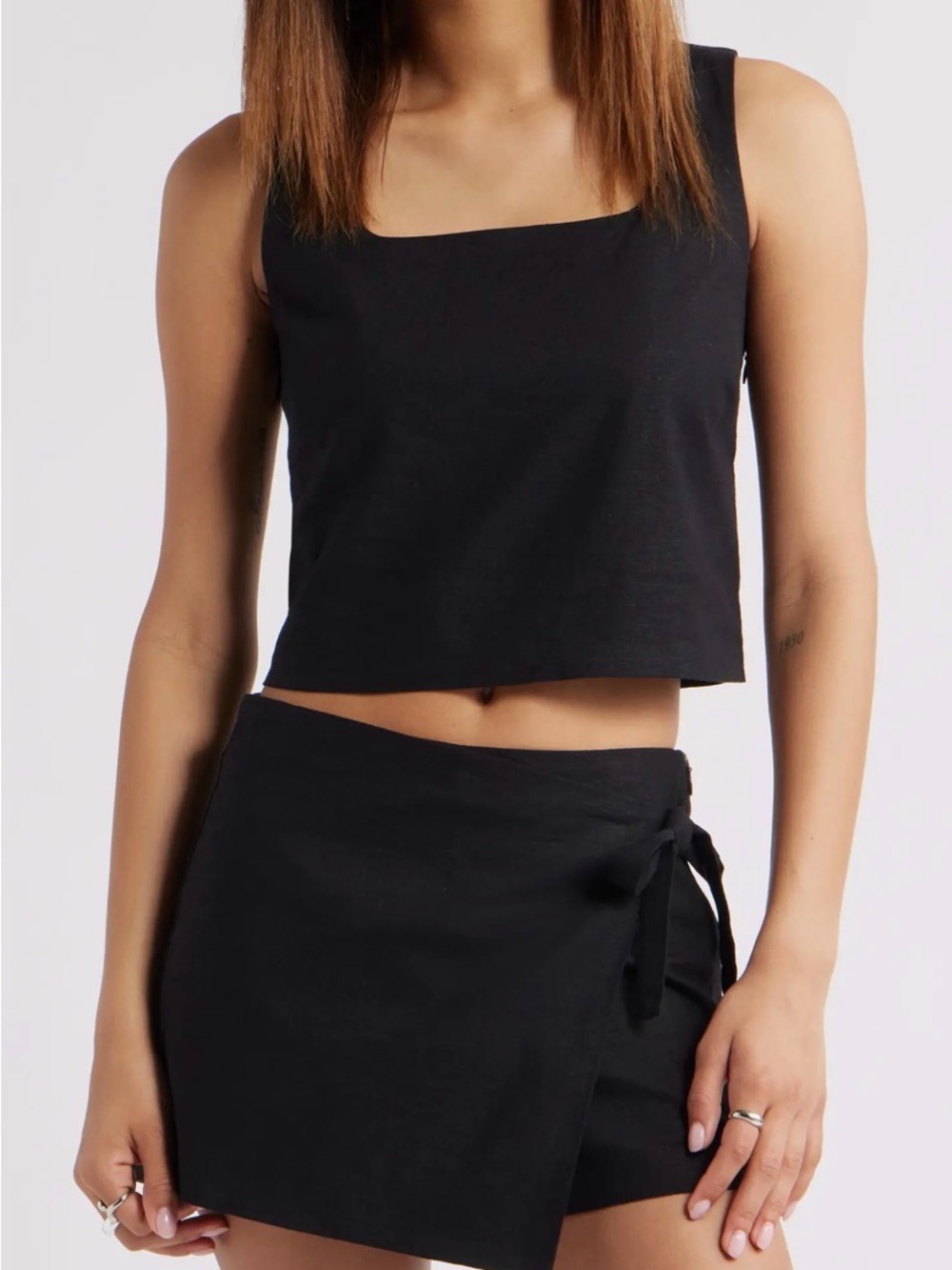 Open Edit Sleeveless Linen Blend Square-Neck Crop Top in Black Sz L
